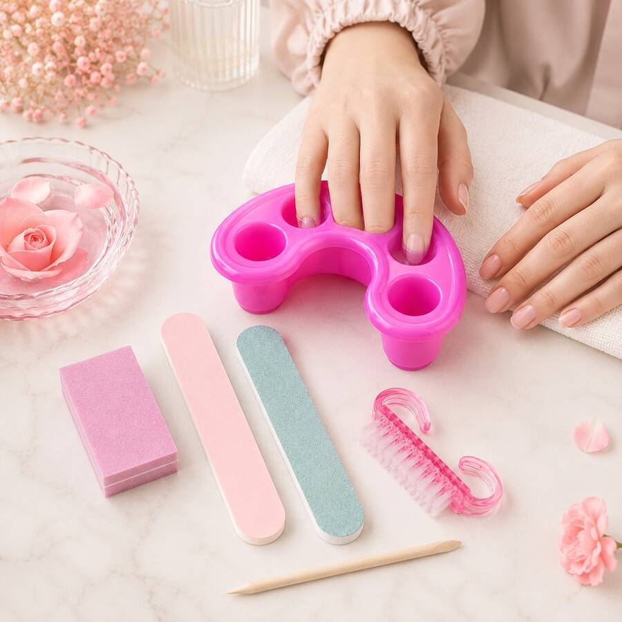 1 Set Pink Plastic Nail Soak Bowl Kit, Five-Finger Detachable Manicure Tool Set With Nail File Brush Cuticle Stick For Home Nail Care - Multicolor - View 1