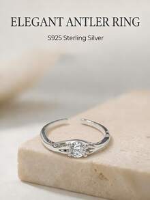 1pc Adjustable Silver Sterling Micro-Inlaid Zirconia Stone Ring, Minimalist & For Women - Silver - View 3