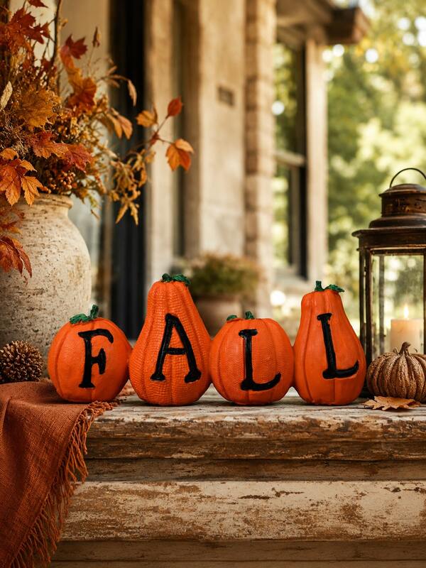 Orange White FALL Pumpkin Garden Figurines, Autumn Outdoor Pumpkin Yard Decor, Porch Patio Lawn Balcony Planter Ornament, Thanksgiving Halloween Harvest Garden Decoration, Seasonal Farmhouse Gift