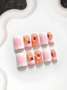 10件甜美風手工穿戴甲，Polygel美甲套組，小蟲花瓣圖案，粉色指甲油，溫柔優雅風格，含美甲工具，3種尺寸可選，杏仁、鴨嘴、棺材形，適合派對、跳舞、日常配戴 - 彩色 - 查看 15
