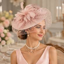 1pc Vintage Polka Dot Mesh Hair Accessory With Feather Decoration, Suitable For Wedding Guests And Afternoon Tea - Dusty Pink - View 1