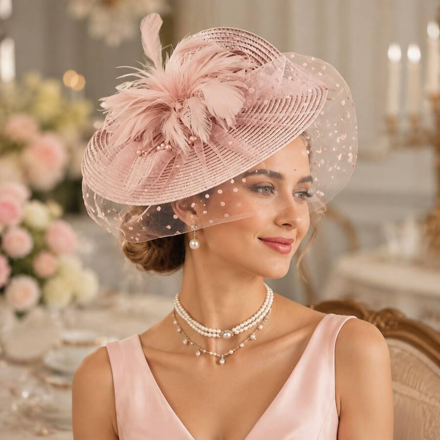1pc Vintage Polka Dot Mesh Hair Accessory With Feather Decoration, Suitable For Wedding Guests And Afternoon Tea - Dusty Pink - View 1