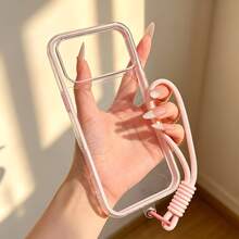 1pc Minimalist Dopamine Colorful Border Phone Case With Matching Pink Rope Accessory, Compatible With IPhone 17/17Air/17Pro/17ProMax/16/16Pro/16Plus/16ProMax/15/14/13/12 Pro Max/11, Matte Transparent Full Coverage Shockproof Anti-Drop Phone Cover - Pink 4 - View 6
