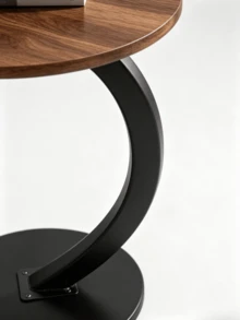 1pc C-Shaped Curved Round Side Table With Waterproof Walnut Wood Tabletop, Storage Shelf Beside Living Room Sofas, Minimalist Bedside Small Tea Table - Walnut Color + Black Frame - View 7