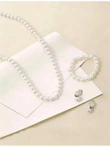 3pcs Women's White Pearl Jewelry Set, Round Pearl Necklace, Bracelet, Dangle Earrings, Bridal Wedding Jewelry Gift - Silver - View 4
