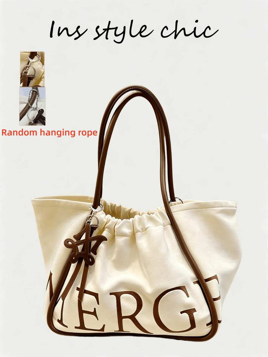 New Fashion Slouchy Style Large Capacity Letter Pattern Decor Design Shopping Bag, Shoulder Handbag, Women's Casual Wallet, Suitable For Commuting, Work, Shopping And Gatherings - White - View 1