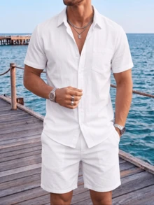 Men's 2-Piece Linen Casual Short Sleeve Button-Up Shirt And Shorts Summer Beach Set, Daily Casual, Holiday Surprise - White - View 4