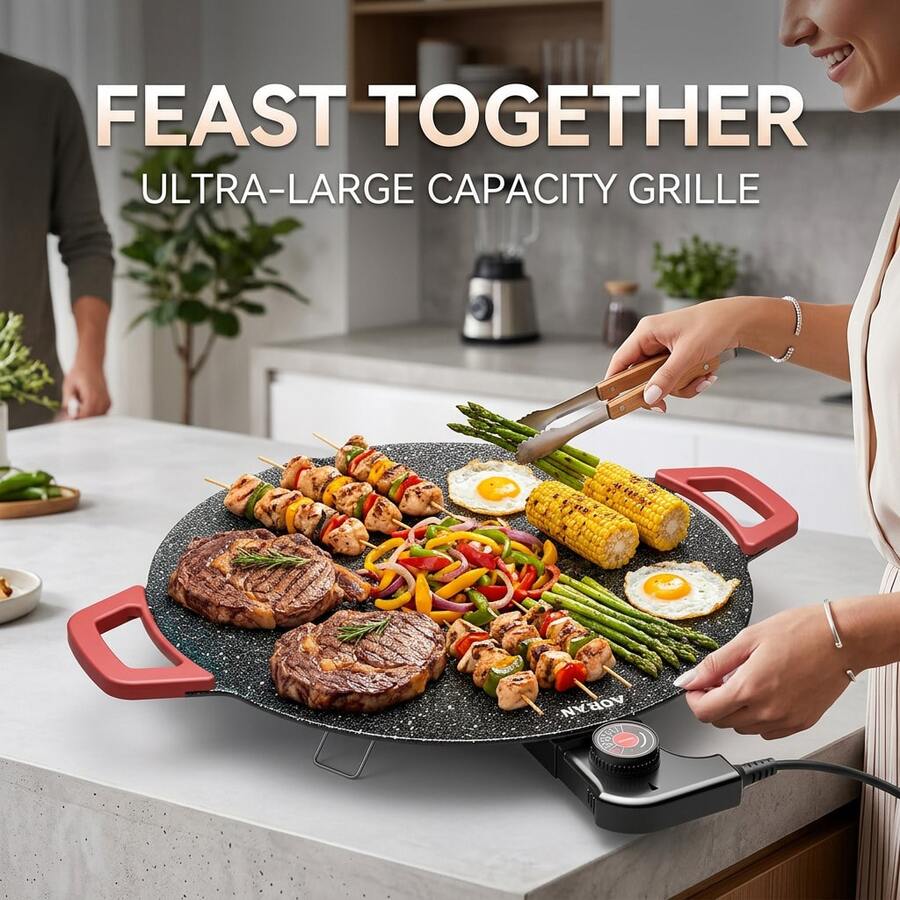 Aoran Large Electric Griddle With Silicone Spatula & Scouring Sponge, Non-Stick Round Electric Skillet With Adjustable Temperature Control, Dual Heat-Resistant Handles Fast Even Heating Grill Pan For Breakfast, Steak, BBQ, Indoor & Outdoor Cooking - US B Type Plug(110-127V) - View 1