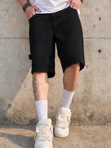 Men's Casual Denim Shorts, Summer American Style Washed Vintage Light Blue Loose Fit Bermuda Shorts - Black - View 5