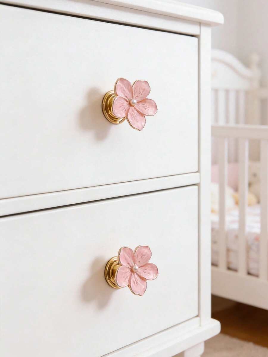 1/2/4Pcs Gold Rim Cherry Blossom Pearl Knob Girly Kids Room Desk Storage Drawer Creative Flower Decor Pull Handle - Multicolor - View 1