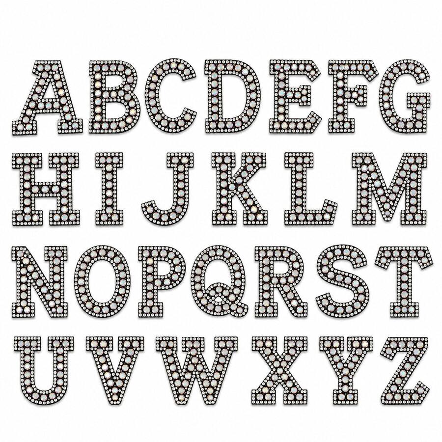 Juego completo de 26 letras con parches bordados de strass de colores sobre fondo negro, parches de letras A-Z para transferencia de calor, parches bordados para coser, uso DIY para nombres en ropa - conjunto de 26 letras - Ver 1