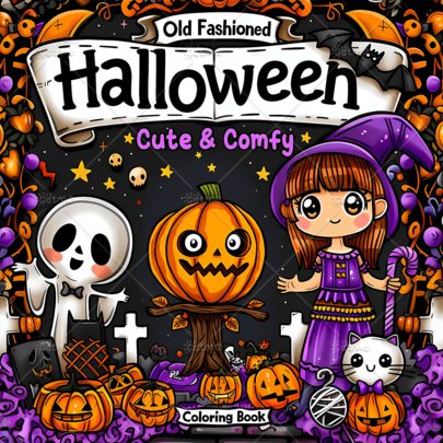 Sách tô màu Halloween phong cách cổ điển dễ thương thoải mái cho trẻ em thanh thiếu niên và người lớn, chủ đề ma mị kawaii với phù thủy ma bí ngô mèo đen nghĩa địa, nét vẽ đậm dễ tô, khổ lớn, giúp giảm căng thẳng thư giãn, quà tặng tiệc Halloween sinh nhật ngày lễ và tựu trường