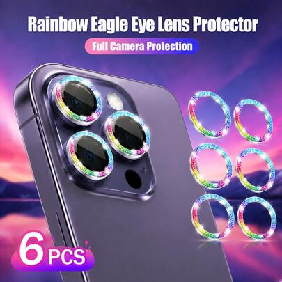 Yezodawee Shiny Colorful Camera Lens Protector Film, Suitable For 17 Pro Max 16 / 16 Plus / 17 AR+AF Tempered Glass 9H Anti-Scratch Metal Independent Lens Protector Film, High Definition Transparent Camera Accessories 6pcs/Pack