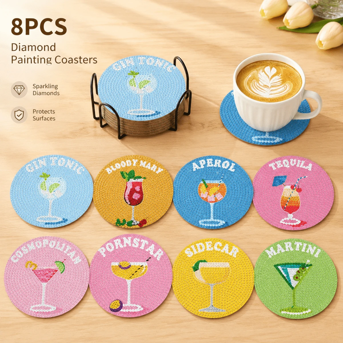 8pcs Diamond Painting Coaster Set, Round Shiny Diamonds, Full Tool Kit, DIY Craft For Stress Relief, Creative Handmade Gift For Spring Festival, Christmas, Teacher's Day, Coasters For Dining Table & Coffee Table