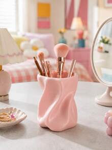 1pc Wavy Texture Makeup Brush Holder, Modern Sculptural Vanity Storage Cup, Multi-Purpose Desktop Organizer Container For Makeup Brushes, Pens, Cutlery, Beauty Tools And Small Accessories, Drawer Storage, Vanity Storage, Makeup Brush Holder, Gift - Multicolor - View 3