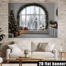 2D Flat Background Fabric For Christmas Snow Scene Window, Arched Window Frame With Pine Branches, Garlands And Colored Lights, Including Christmas Tree Gift Box Lanterns, Made Of Polyester Material Without Power Supply - View 6