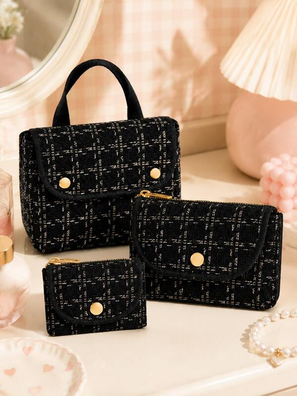 1 pieza/3 piezas Juego de bolsas de maquillaje de moda negras, bolsa de cambio de mujer de alta gama con purpurina, bolsa para tarjetas, mini sobre rojo, bolsa de almacenamiento elegante y linda, bolsa de almacenamiento de belleza, adecuada para compras, viajes y regreso a la escuela (patrón aleatorio)