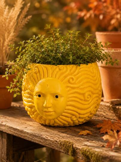 1pc Yellow Resin Sun Face Planter, Celestial Succulent Pot With Sculpted 3D Sun Ray Design, Artistic Flower Pot For Balcony, Patio, Garden, Porch, Outdoor Table, Windowsill & Home Decor, Boho Plant Container, Autumn Decor, Gift For Plant Lovers