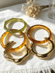 5/1pc Vintage Old Money Style Casual Resin CCB Geometric Wave Open Bangle Bracelet Jewelry Set, Suitable For Women And Moms For Daily Wear, Party, Vacation, Holiday Gift - Multicolor - View 6