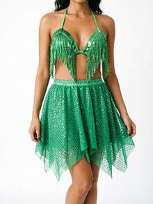 Sequin Fringe Triangle Halter Crop Top, Irregular Handkerchief Hem Sequin Mesh Mini Skirt For Rave Party & Stage Performance - Multicolor - View 3
