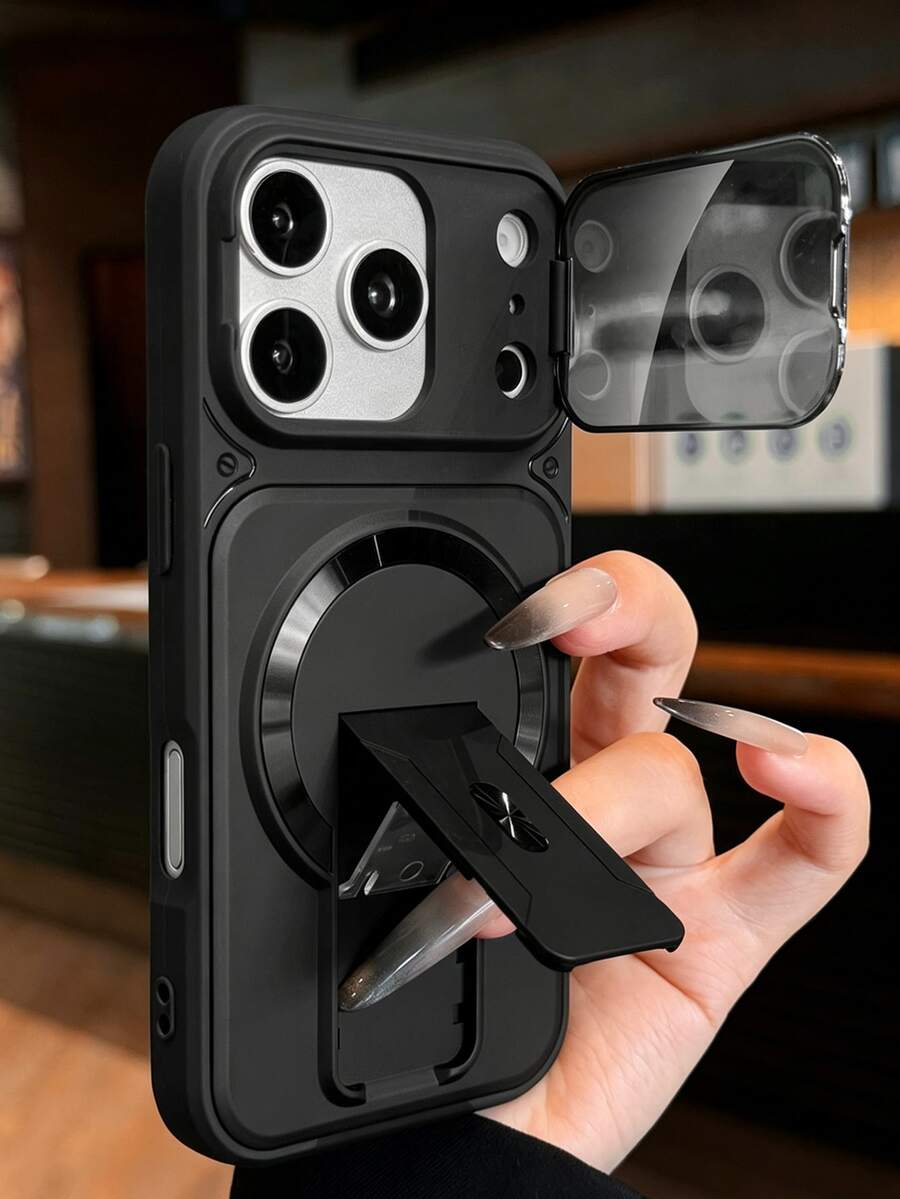 Casing Ponsel Mewah dengan Stand Magnetik dan Pelindung Kamera, Kompatibel dengan iPhone 17 Pro Max 17 Pro 17 16 Pro Max 16 Pro 16 15 Pro Max 15 Pro 15 14 Pro Max 14 Pro 14 13 Pro Max 13 Pro 13 12 Pro Max 12 Pro 12 11, Mendukung Pengisian Daya Nirkabel, Penutup Belakang Tahan Guncangan - Hitam - View 1