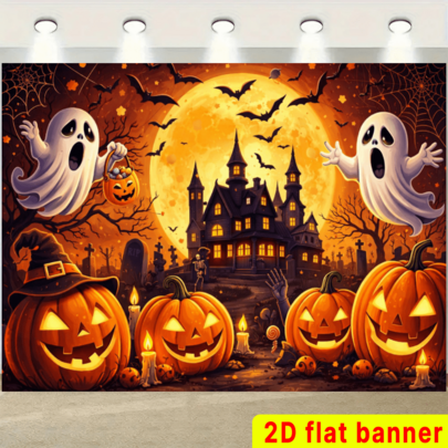 2D Flat Halloween Theme Party Banner Background, Halloween Theme, Including Ghosts, Jack-O'-Lanterns, Bats, Dark Castles, Tombstones, Skeletons, Spider Webs And Other Elements, Made Of Durable Polyester Material, No Power Needed, Suitable For Indoor_Outdoor Celebrations, Can Be Used As Multi-Functional Wall Decoration, Photo Backdrop, Suitable For Family Gatherings, Office Events, Outdoor Parties, Studio Decor, Holiday Gift Giving, Lightweight And Easy To Hang, Decorative Effect Full Of Rich Halloween Atmosphere