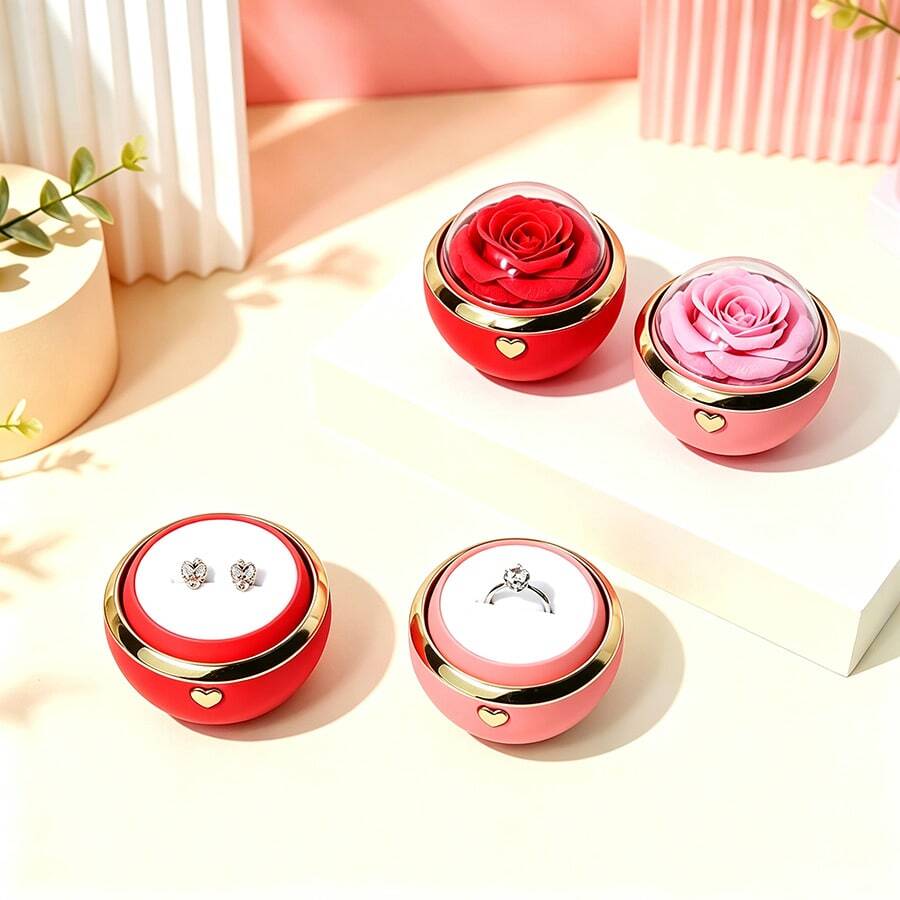 Spherical Rose Flip Ring Gift Box, Creative Surprise Jewelry Box, Ring Earring Jewelry Packaging Box, Perfect For Proposal, Confession, Valentine's Day, Qixi Festival, Birthday, Anniversary And Other Occasions, As A Romantic Gift For Your Partner (Ring Not Included) - Spherical Rose Reversible Ring Gift Box - View 1