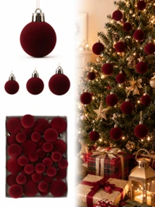 42pcs/Set Red Christmas Flocked Balls, Flocked Christmas Decorations, Handmade Flocked Balls, Christmas Tree Decorations, Christmas Tree Ball Lights, Suitable For Wedding Anniversary Party, Winter Decorations, Christmas Atmosphere Home Decor (No Electricity Required) - Red Velvet Christmas Ball - View 3