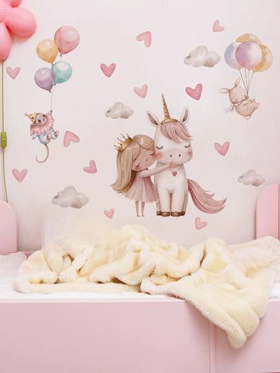 Girl Unicorn Balloon Wall Decal, Cloud Heart Star Cartoon Sticker, Home Wall Art Decor, Nursery Girls Room, Removable Self-Adhesive Room Art