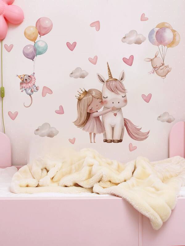 Girl Unicorn Balloon Wall Decal, Cloud Heart Star Cartoon Sticker, Home Wall Art Decor, Nursery Girls Room, Removable Self-Adhesive Room Art