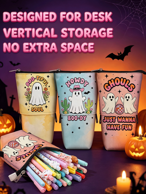 Summer Popular Halloween Foldable Large Capacity Pencil Case, Creative Multi-Functional Upright Stationery Storage Bag, Pen Holder Pen Box, Can Store Makeup Brushes, Pencils, School Supplies, Halloween Gift