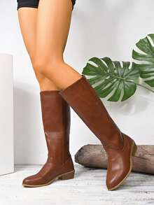 Women's Plus Size New Solid Color Western Style Side Zipper Holiday Tall Boots - Light Brown - View 3