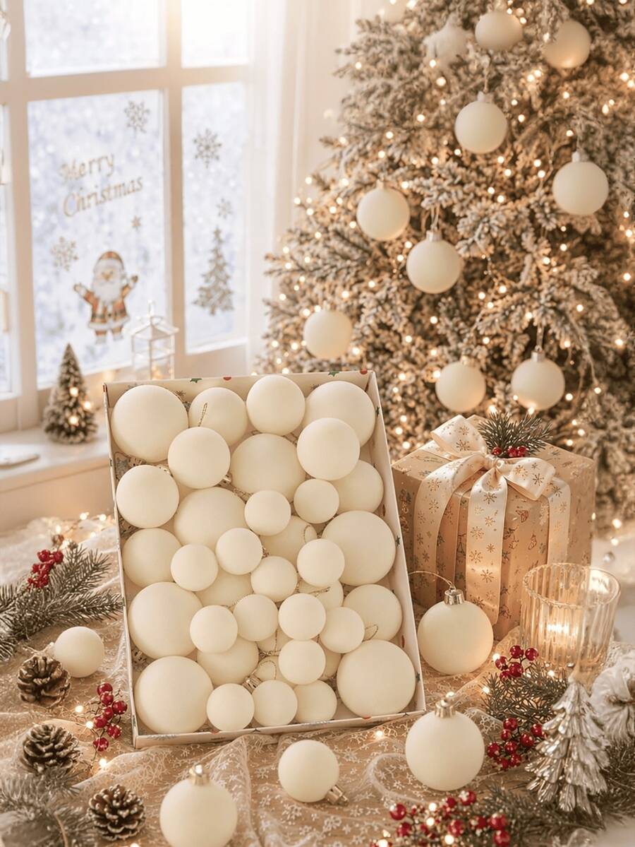 42pcs/Set White Christmas Flocked Balls, Flocked Christmas Decorations, Handmade Flocked Balls, Christmas Tree Decorations, Christmas Tree Balls, Suitable For Wedding Anniversary Celebrations, Snowflake Decorations - White Flocked Christmas Ornament - View 1