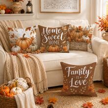 Herbst Vintage Braun Kürbis & Ahornblatt Gemütliches Zuhause Slogan Kissenbezug 4 Stücke Set, einseitig Muster Pfirsichhaut Samt Polyester Material, 45*45/50*50CM Kissenbezüge für modernes Stoffsofa Innenraum Dekoration, Party Dekoration, Geschenk - Verschiedenfarbig - Übersicht 4