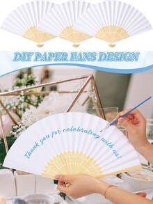 3pcs Blue Wedding Paper Fan Gift Set, Includes White Folding Fan, Blue Bow And Thank You Card, Suitable For Wedding Favors And Party - Multicolor - View 3