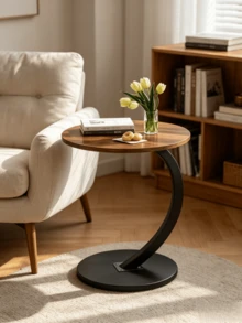 1pc C-Shaped Curved Round Side Table With Waterproof Walnut Wood Tabletop, Storage Shelf Beside Living Room Sofas, Minimalist Bedside Small Tea Table - Walnut Color + Black Frame - View 3