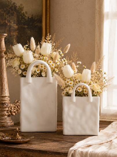 Ins Aesthetic Handbag Shape Vase, Wrinkle Texture Tote Bag Flower Vessel, 2 Sizes White Gloss Floral Container, Fresh Dry Flower Arrangement, Bedroom Living Room Table Minimalist Decor Gift
