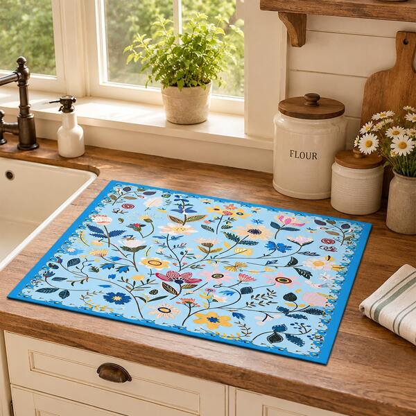 1pc, Home Decor, Floral Pattern Printed Absorbent Dish Mat, Dish Drying Mat, Coffee Machine Absorbent Mat, Drain Mat, Sink Drainage Mat, Cup Absorbent Mat, Kitchen Supplies, Bathroom Supplies, Kitchen Countertop Decoration