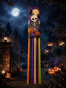 1pc Halloween Hanging Windsock, Skeleton Skull Crow Raven Pumpkin Moon Print Streamer Wind Spinner, Scary Haunted House Garden Decor Outdoor, Porch Yard Party Decoration - C - View 8