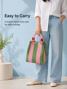 Space-Saving Storage & Organization, Vibrant Color Ergonomic Multi-Function Storage Bag, Durable Knitted Striped Tote Bag, Suitable For Fashion Enthusiasts, Convenient For Daily Use, Can Store Small Items And Desktop Accessories, Multi-Function Storage Bag - Multicolor - View 9