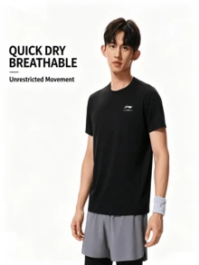 Li-Ning Men's Training Minimalist Logo Crew Neck LN FAST DRY Sweat-Absorbing Durable Quick-Dry Breathable Fitness Short Sleeve T-Shirt ATSW485 - Black - View 4