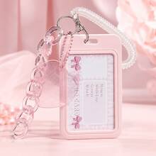 1pc Pink Glitter Heart Pendant ID Card Holder, Transparent Wrist Strap And Acrylic Chain, Creative Multi-Functional Card Holder, Suitable For Students Back To School, Office Badge, Bus Card, Campus Card, Keychain Gift - Pink - View 1