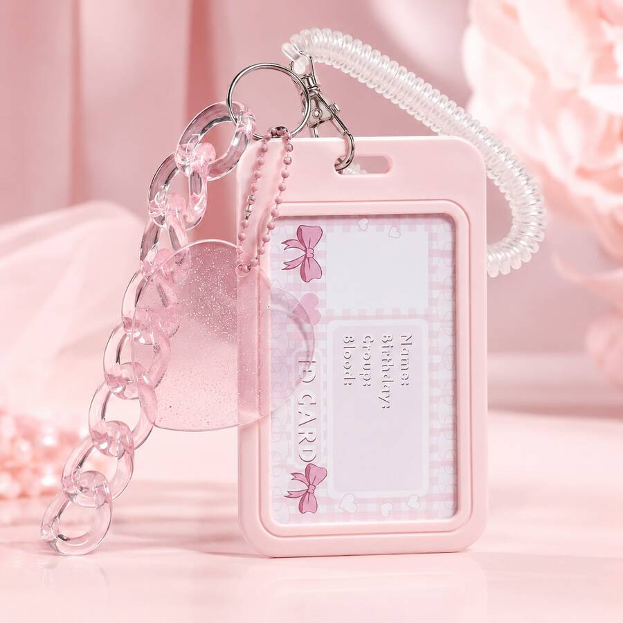 1pc Pink Glitter Heart Pendant ID Card Holder, Transparent Wrist Strap And Acrylic Chain, Creative Multi-Functional Card Holder, Suitable For Students Back To School, Office Badge, Bus Card, Campus Card, Keychain Gift - Pink - View 1