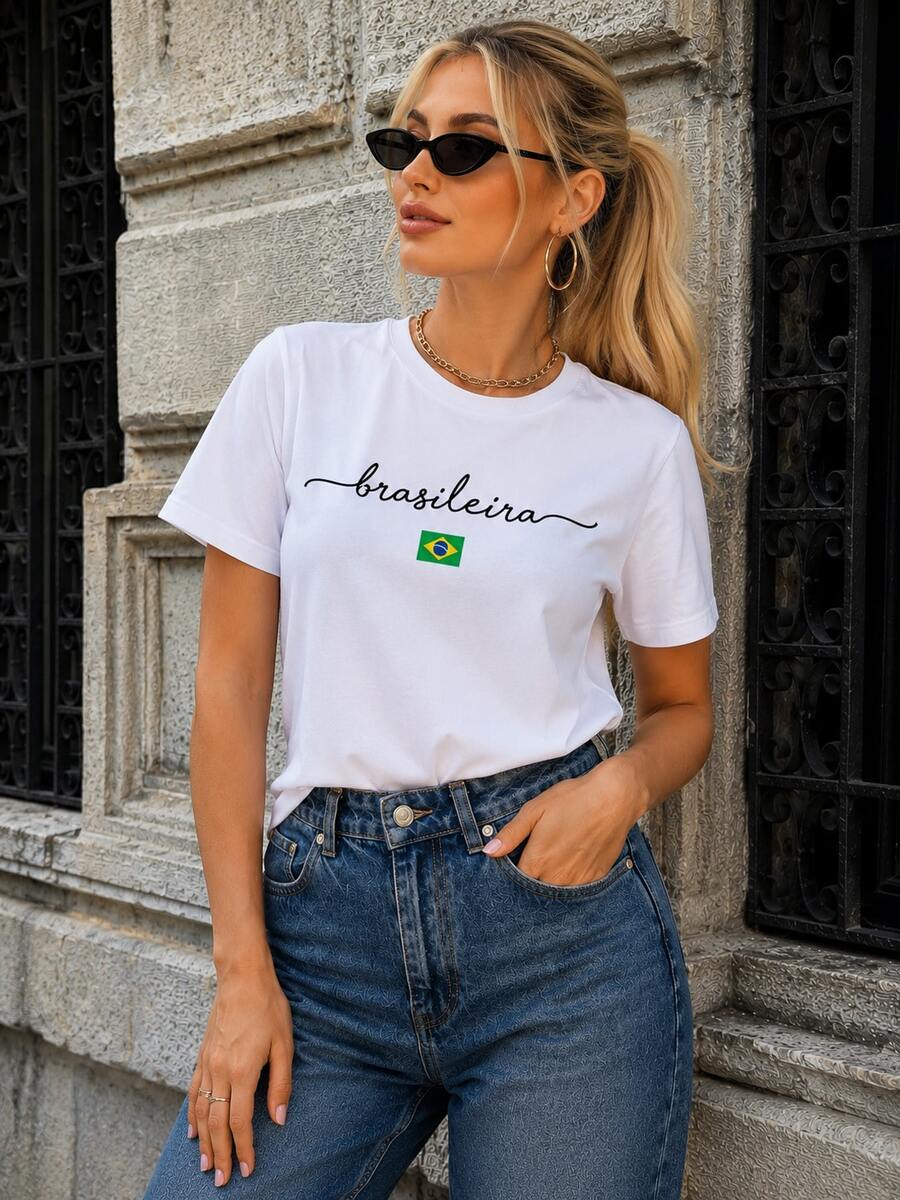 100% Cotton Unisex T-Shirt For The Whole Family, Brazilian Patriot, Jesus Print, Casual Chic, Elegant - 白色 - 巴西 - 查看 1