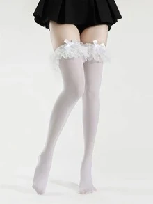 1 Pair Sweet Ruffle Lace Cuff Bowknot Decor Over-The-Knee Long Socks, High Elasticity Thigh High Socks, Black And White Cute Lolita Socks, Suitable For Cosplay, Campus Outfit And Daily Styling Fashion Accessory - Multicolor - View 11