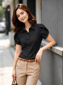 女士专业短袖修身通勤衬衫 黑色 夏季 - 黑色 - 查看 4