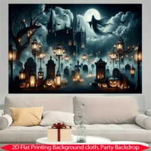 1pc Halloween Happy Background Banner, Graveyard Ghost Castle, Carnival Festival Celebration Event Party Decoration, Outdoor Entrance Room, Halloween Living Room Tapestry, Garden, Terrace Atmosphere - A - View 5