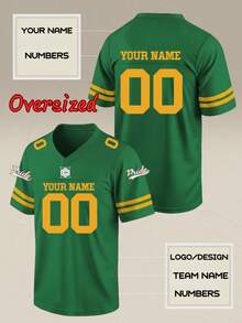 Custom Oversized Football Jersey Men Personalized Team Name Number Logo Green Yellow Stripe V Neck Sporty Gameday Shirt - Green - View 2