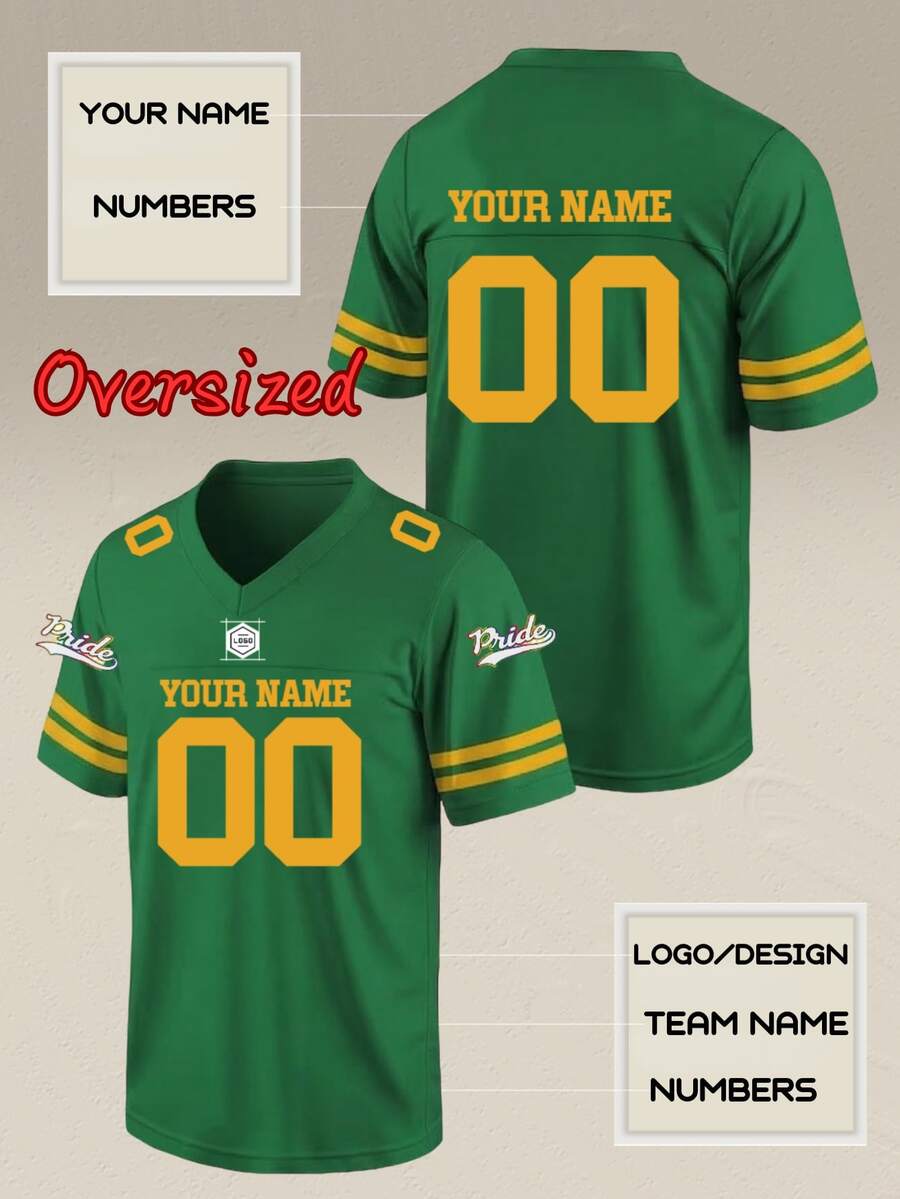Custom Oversized Football Jersey Men Personalized Team Name Number Logo Green Yellow Stripe V Neck Sporty Gameday Shirt
