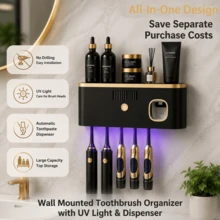 Wall-Mounted Toothbrush Holder With UV Ultraviolet Light, Automatic Toothpaste Dispenser And Large Capacity Storage Rack, Solar Powered No-Drill Bathroom Organizer, Multi-Slot Design, Suitable For Electric And Manual Toothbrushes, Ideal For Daily Home Use - Multicolor - View 2